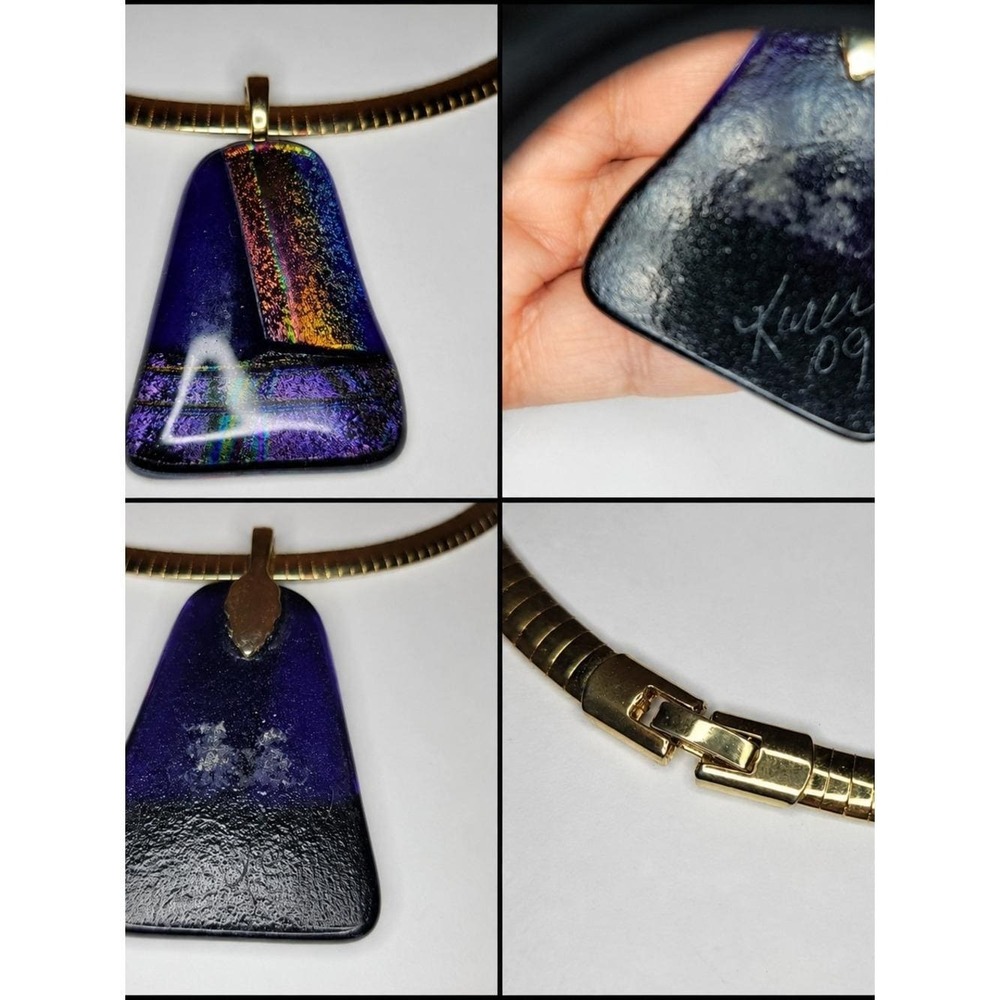 Signed Karen 09 Dichroic Glass Pendant Necklace Gold Tone Omega Chain 15"